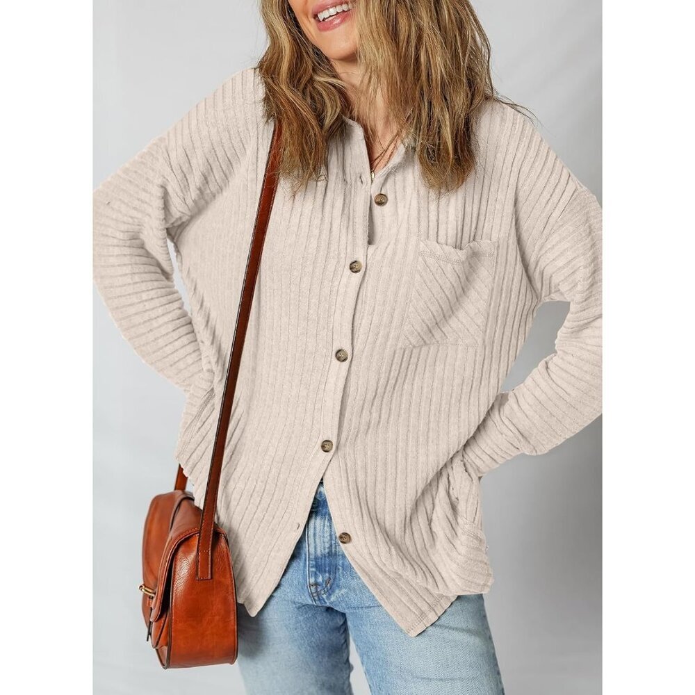 Women's Long Sleeve Beige Button Down Jacket Shirts Loose Sweater Blouses Tops - Picture 3 of 9